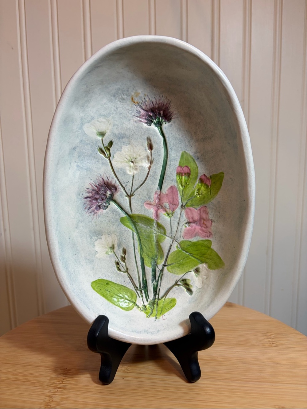 Vtg salt Marsh Pottery Oval Bowl-Pressed Wildflower Botanical Art Handmade